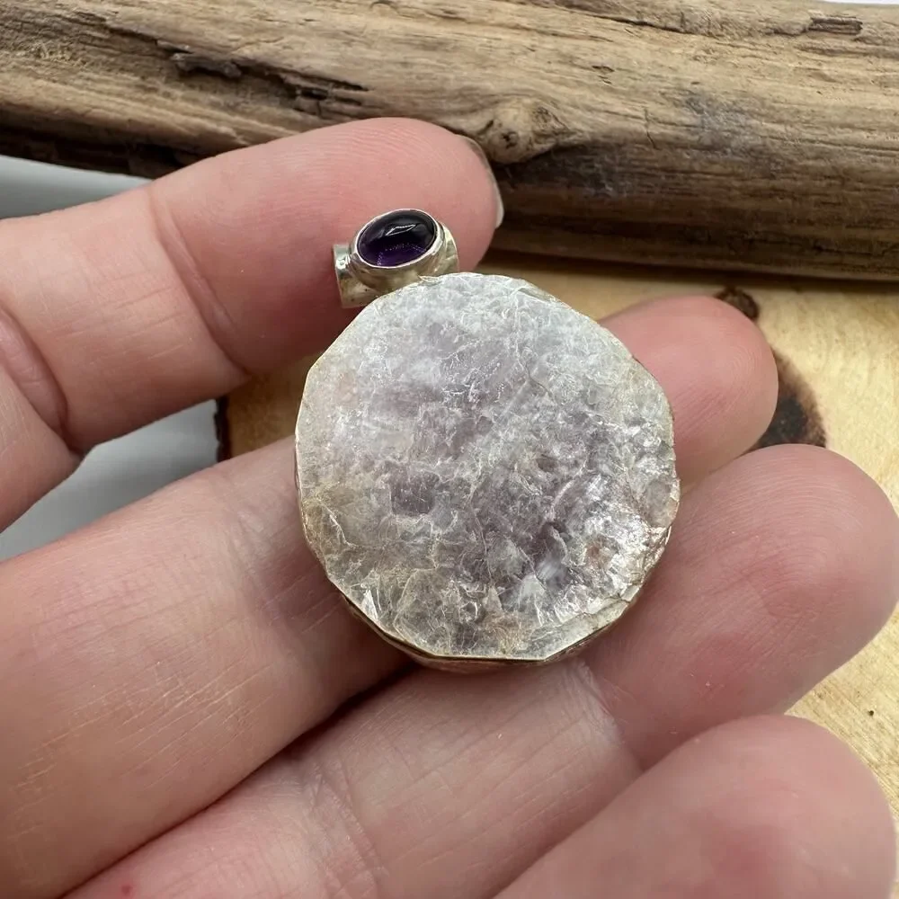 Flashy Lepidolite Mica & Amethyst Sterling Silver Pendant